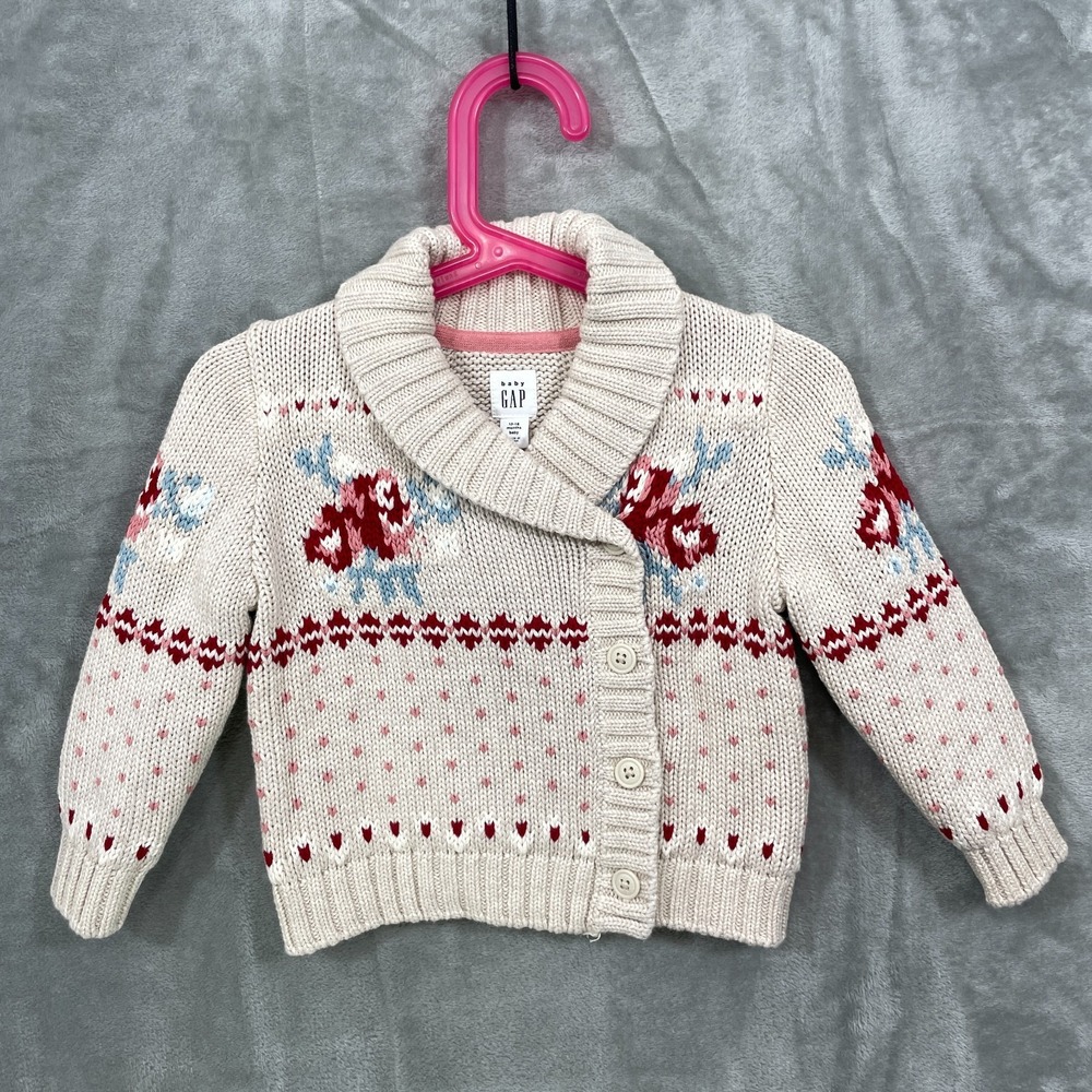 Baby Gap 12-18 Months Cardigan Sweater Oatmeal Cotton Knit‎ Floral Preppy